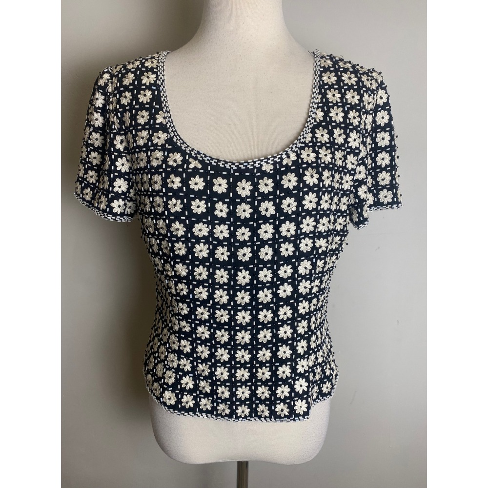 Vintage Adrianna Papell Evening Silk Beaded Floral Top Black White 90s